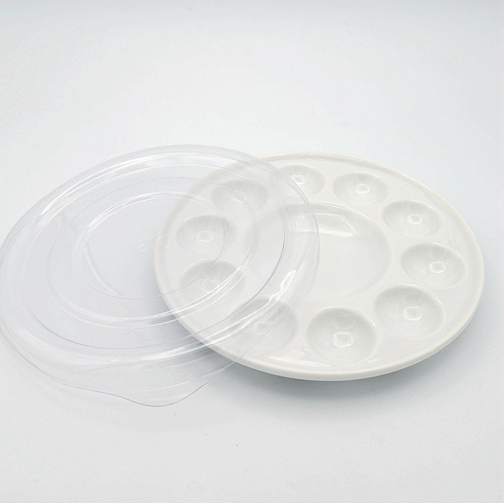 Round Ceramic Palette With Clear Cover, 8 Wells and 1 Mixing Area - 4" Diameter x 1" Height
