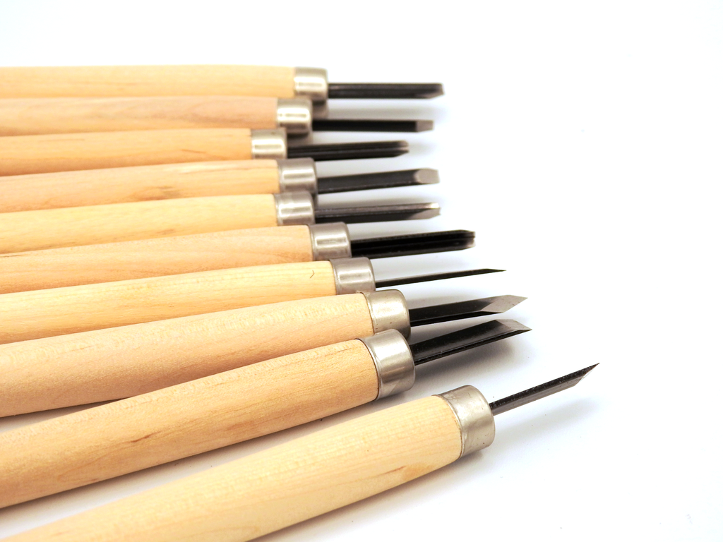 Wood Carving Set of 10 Knives with Cloth Bag and Whetstone