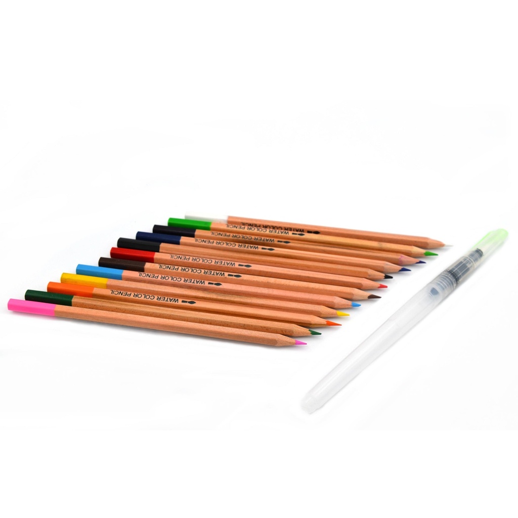 Watercolor Pencil Set and Water Reservoir Brush - 12 Colors (Vinyl Bag)