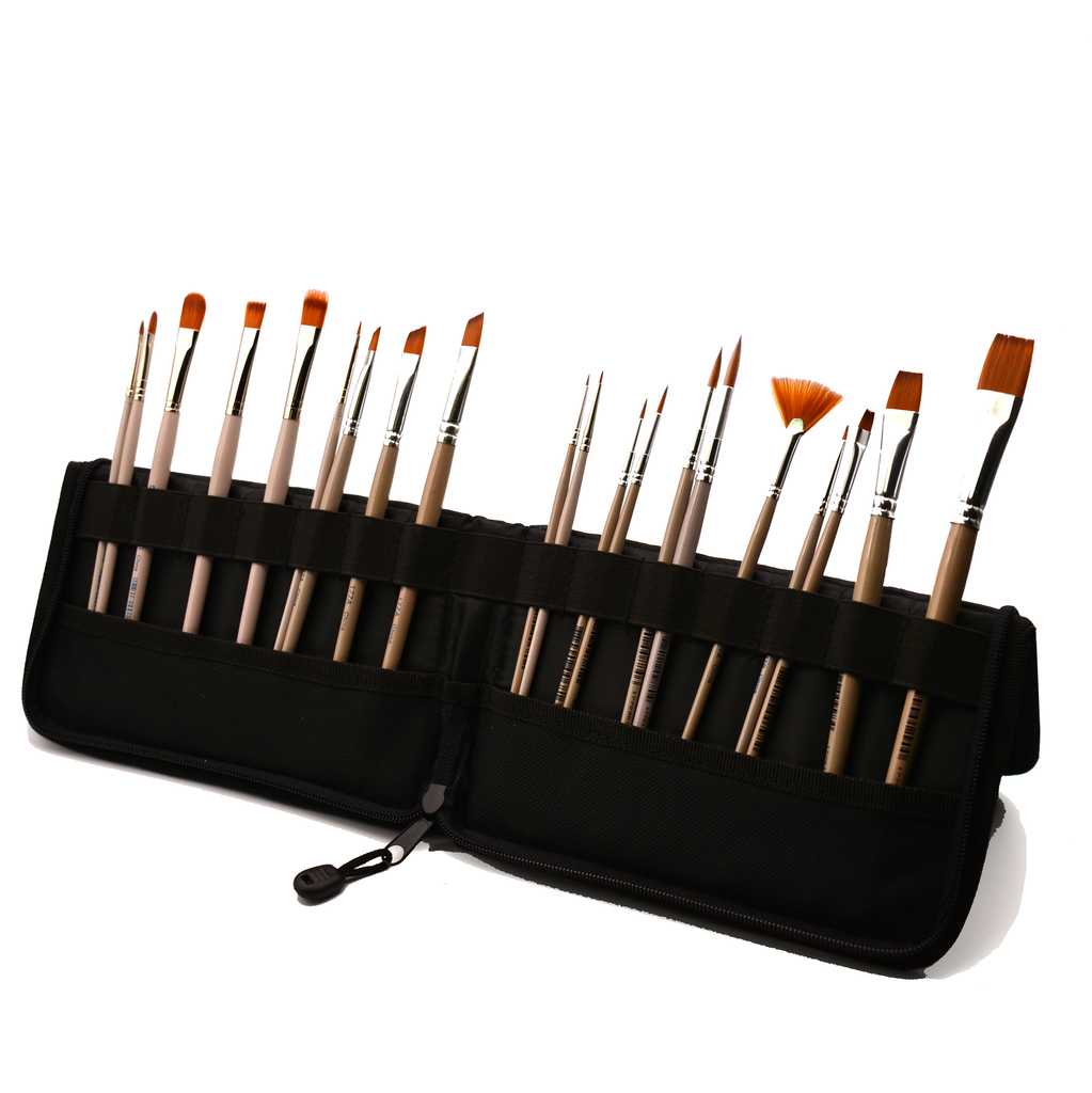 Comet - Set of 20 Short Handle Golden Synthetic Brushes, Short Handle + Brush Case