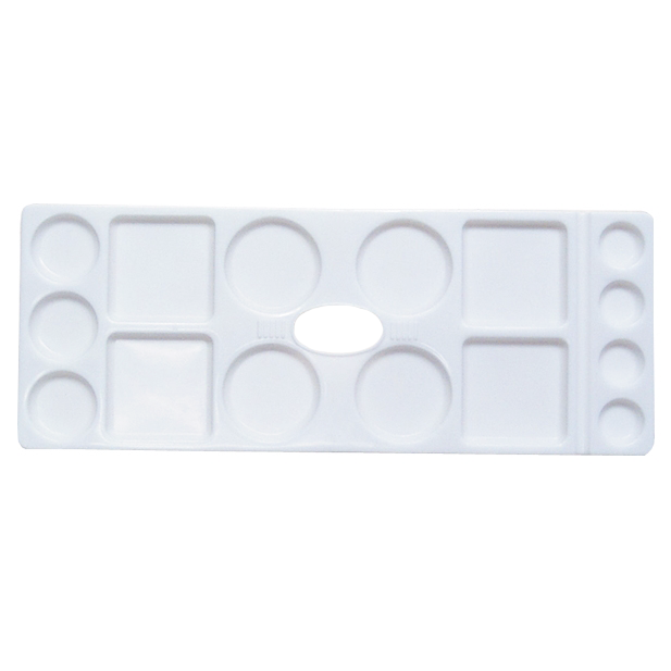 Palette de couleurs en plastique avec 15 puits et trou pour le pouce (4 petits ronds, 3 moyens ronds, 4 grands ronds, 4 carrés)