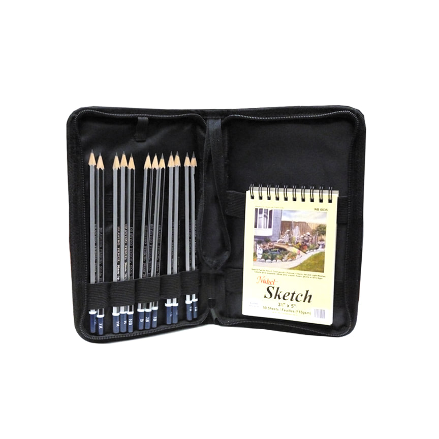 Pocket Sketch Set - 12 Drawing Pencils + Case + 3 x 5'' Sketchbook