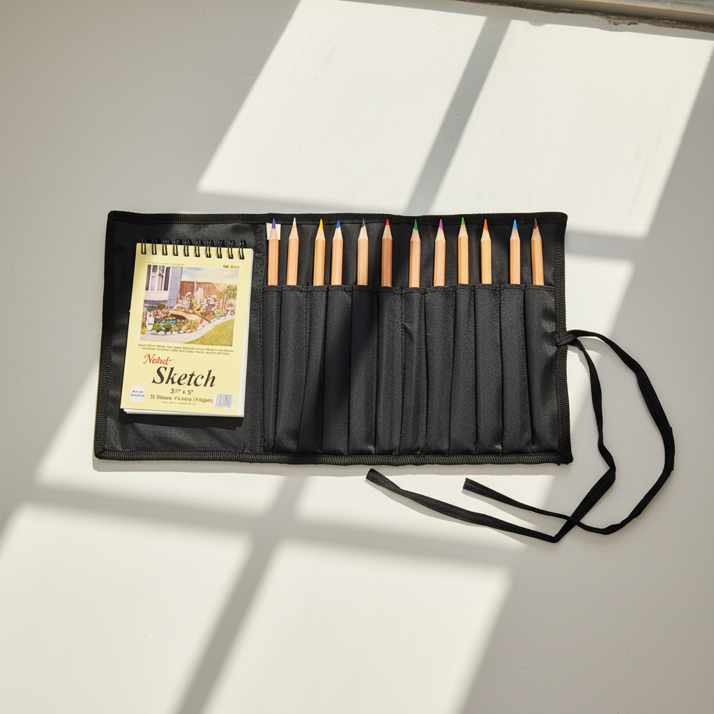 12 Colored Pencil + Sketchbook In A Nylon Pencil Roll Case With 12 Slots (14")