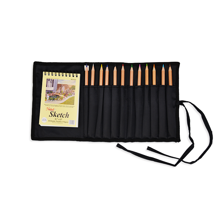 12 Watercolor Pencils + Sketchbook In A Nylon Pencil Roll Case With 12 Slots (14")
