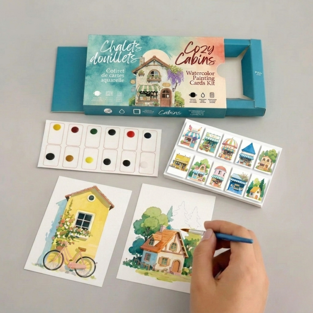 Watercolor Painting Cards Kit - Cozy Cabins, 20 sheets (3 x 4")