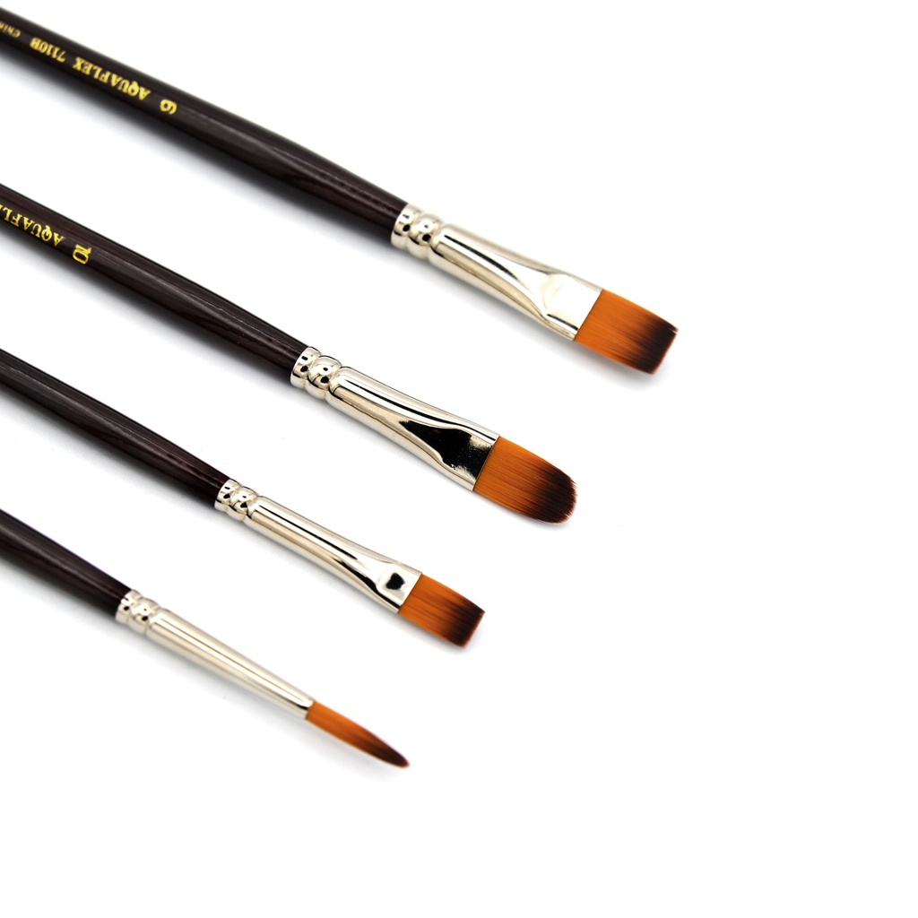 Aquaflex - Golden Synthetic Hair Brush with Long Handle - Set of 4 (Bright #4 & #6, Filbert #10, Round #6)