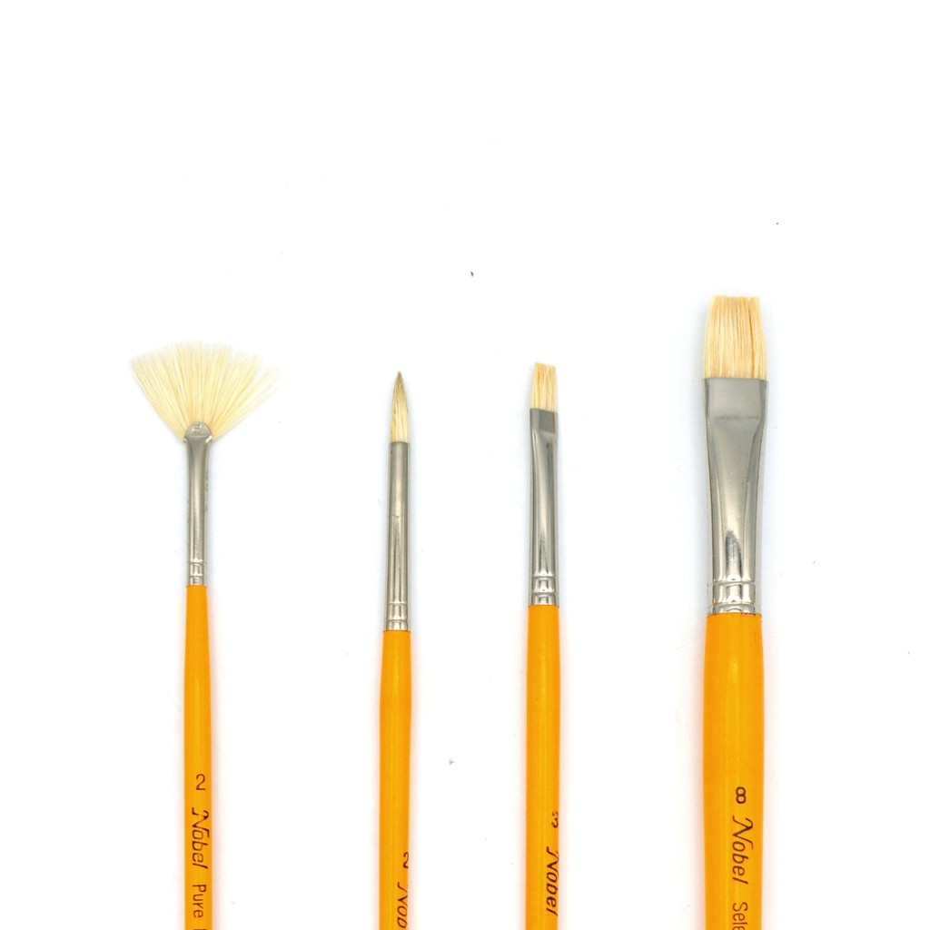 White Hog Bristle Brushes - Set of 4 (#2 Round, #3 Bright, #8 Bright, #2 Fan)