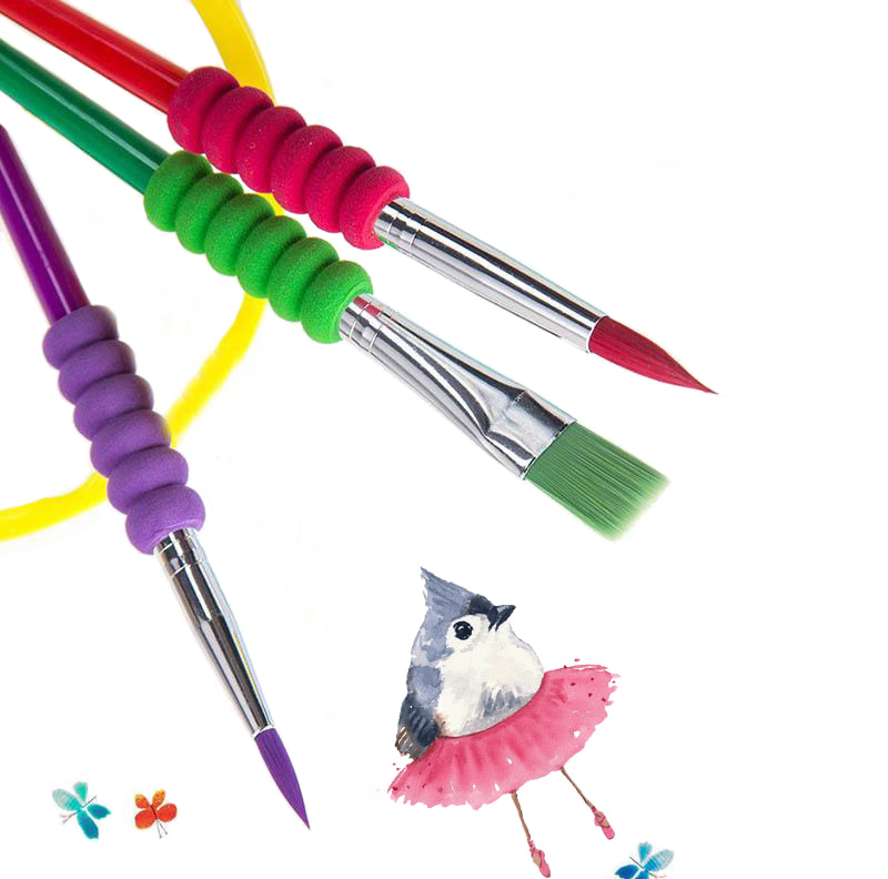 pinceau à poils synthétique multicolore pour enfants avec poignée en mousse - ensemble de 3 (2 rondes, 1 brillante)