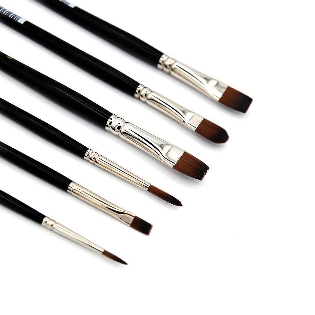 Aquaflex - Brown Synthetic Brushes with Long Handle - Set of 6 (Bright #2, #6, #8, Round #2, #6, Filbert #10)