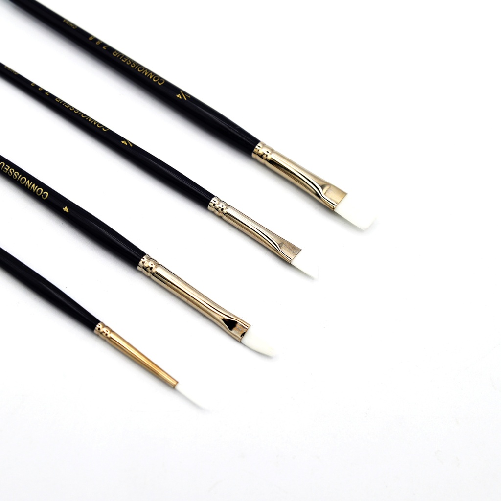 White Synthetic Hair Brushes with Short Handle - Set Of 4 Mixed Brushes (1 Angular, 1 Bright, 1 Round, 1 Filbert)