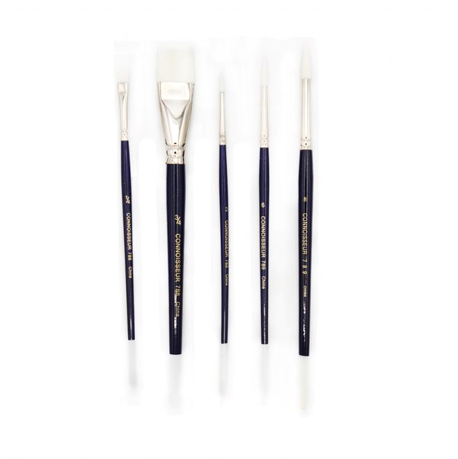 White Synthetic  Brush - Set of 5 Short Handle, 2 bright (#1/4, #3/4) and 3 round (#2, #6, #8)  