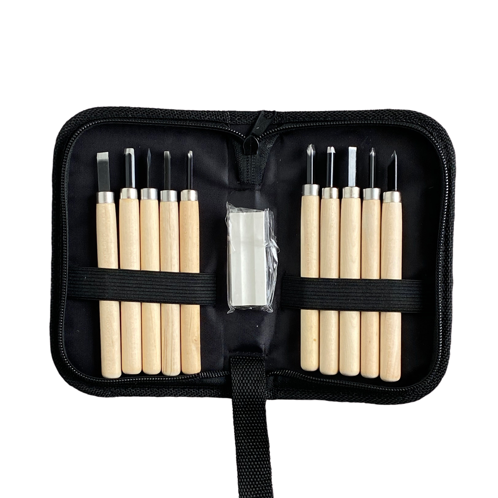 Wood Carving Set of 10 Knives with Cloth Bag and Whetstone