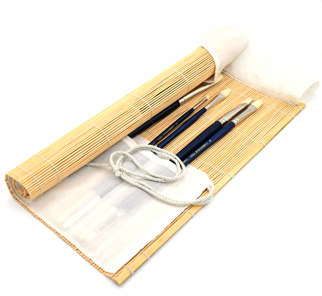 Natural Bamboo Roll-Up Brush Holder With Cloth Slots
