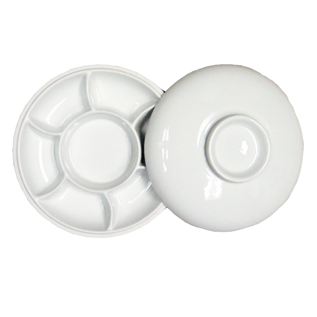 Palette ronde en porcelaine blanche émaillée à la main avec couvercle, 8 1/4" x 1 1/4" x 3"