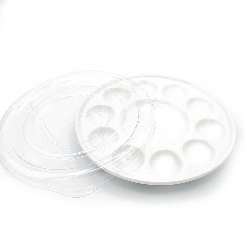 Round Ceramic Palette With Clear Cover, 10 Wells and 1 Mixing Area - 7.5" Diameter x 1" Height