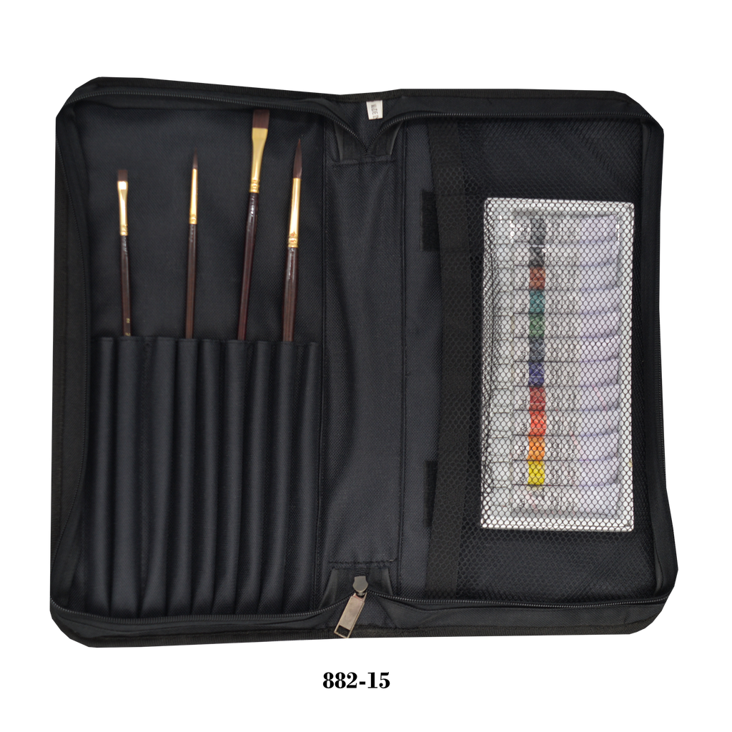 Long Handle Brush & Accessories Zippered Case with 9 Slots For Brushes and a Velcro Net For Accessories