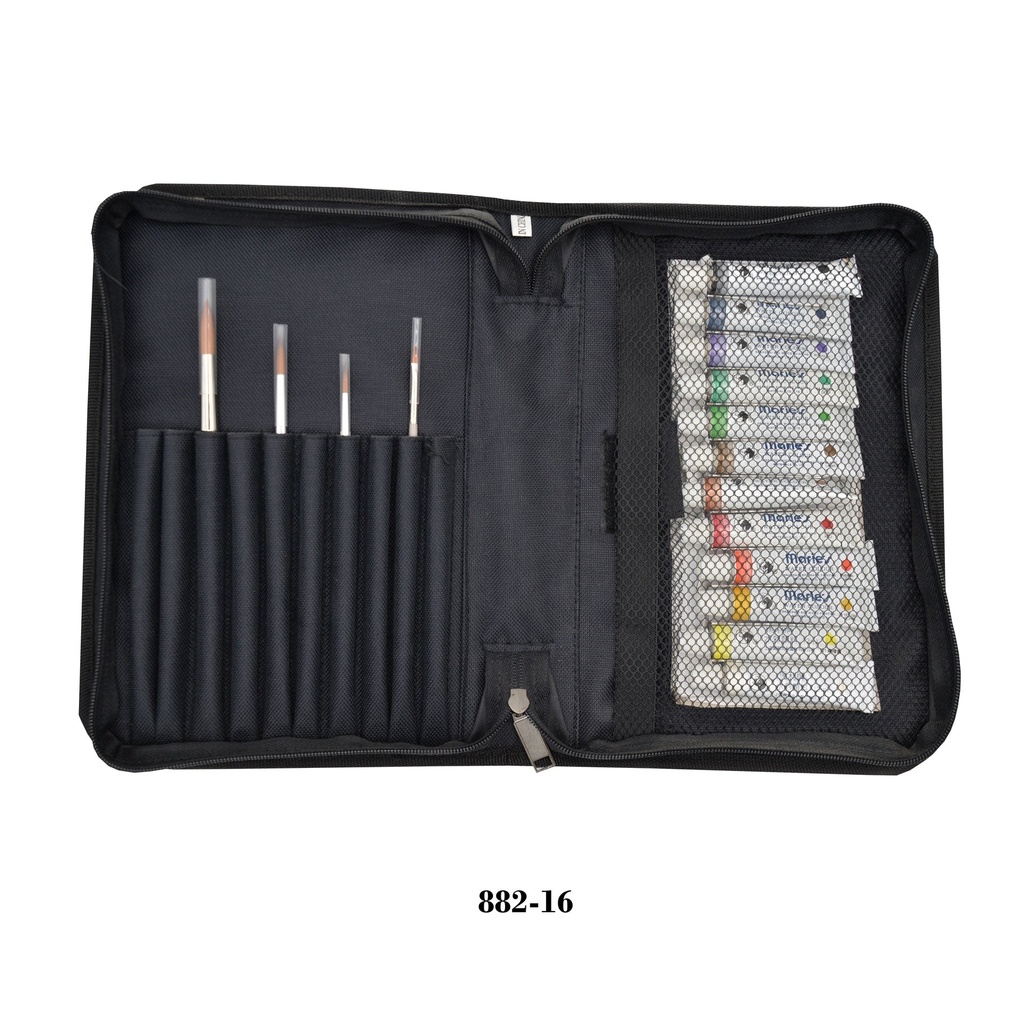Pinceau à manche court et accessoires Étui à fermeture éclair avec 9 emplacements pour pinceaux et filet velcro pour accessoires