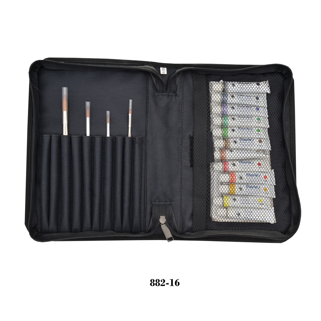Short Handle Brush & Accessories Zippered Case with 9 Slots For Brushes and Velcro Net For Accessories