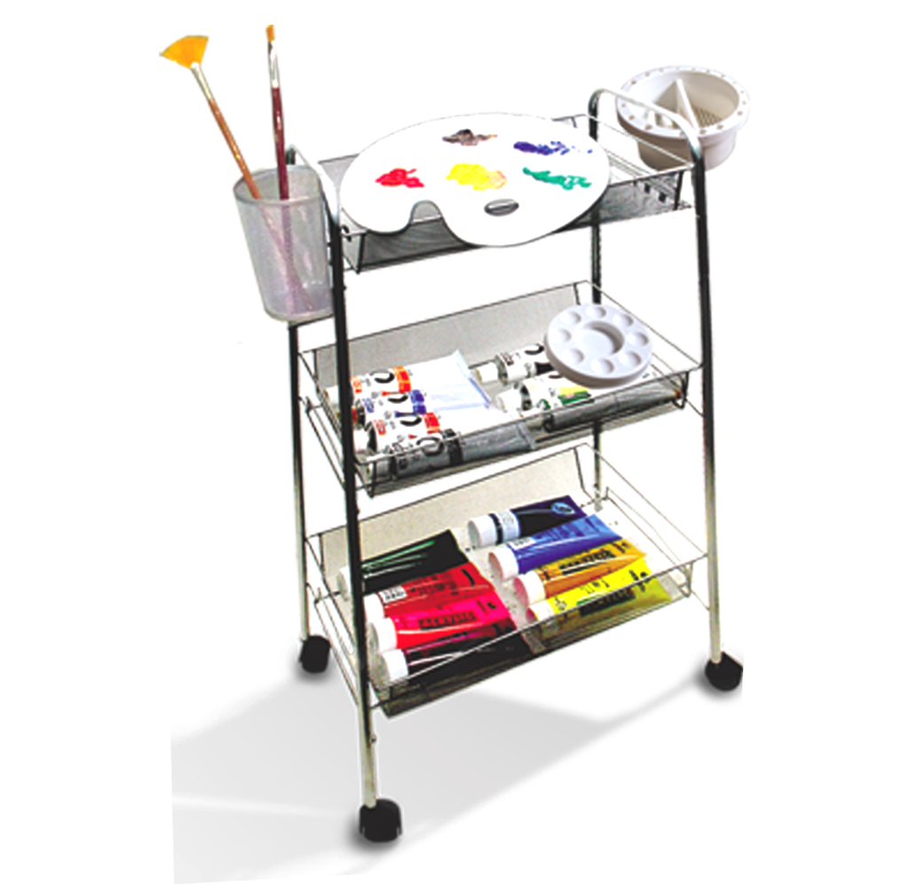 Artist Studio On Wheels with 3 Shelves, 26 Brush Holder Slots, 4" Diam. Brush Washer and Oil Or Medium Jar With Cover
