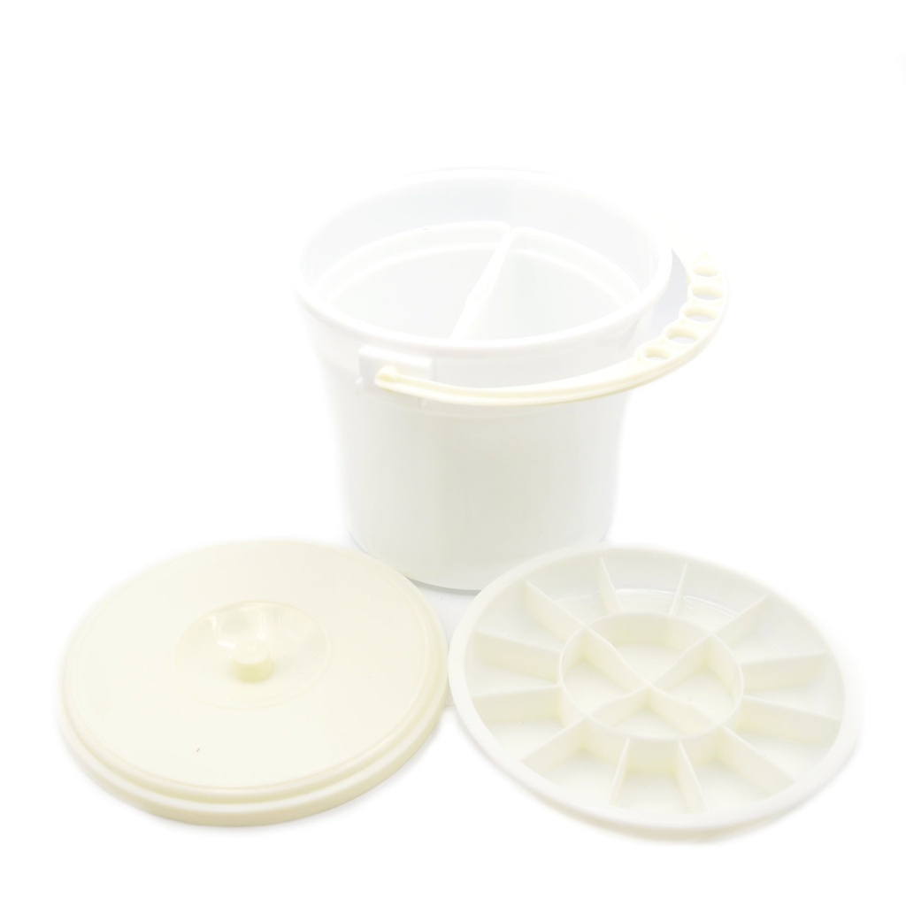 Lave-pinceaux en plastique de 750 ml - Comprend un couvercle + un plateau avec 16 compartiments de couleur + 2 compartiments d'eau séparés + 5 fentes pour porte-pinceaux sur la poignée
