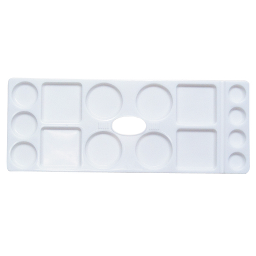 [FC 404-13] Palette de couleurs en plastique avec 15 puits et trou pour le pouce (4 petits ronds, 3 moyens ronds, 4 grands ronds, 4 carrés)