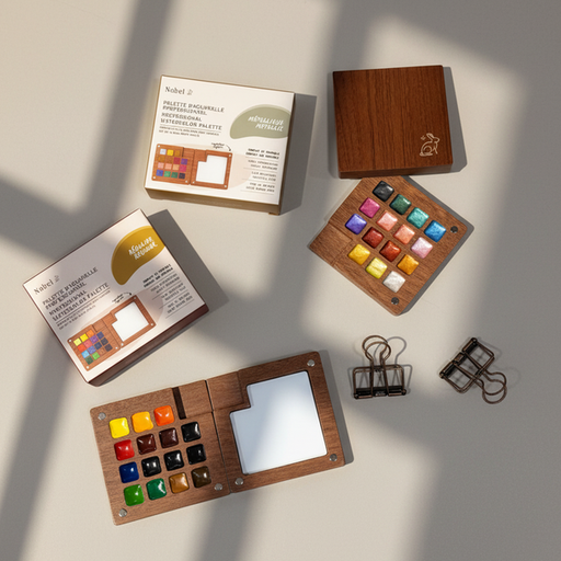 [NB 15PWB-M] Professional Watercolor Set of 15 High Pigment Semi-Moist Paints - Wooden Box, Metallic Colors + Clip 