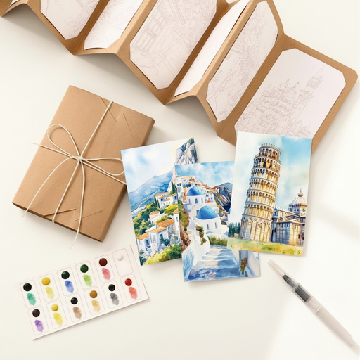 [NB YL21-9] Watercolor Painting Cards Kit - European Travel Logs, 9 sheets (3 x 5")