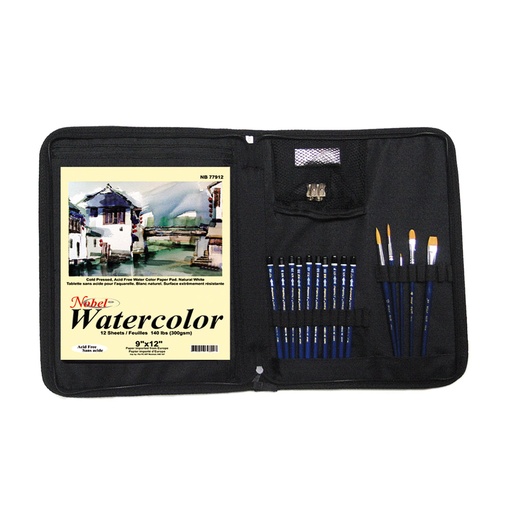 [FC 71912B-3] Ensemble d'aquarelles dans un étui en plastique - Bloc aquarelle 9 "x 12", 10 crayons aquarelle, 5 pinceaux, taille-crayon et gomme
