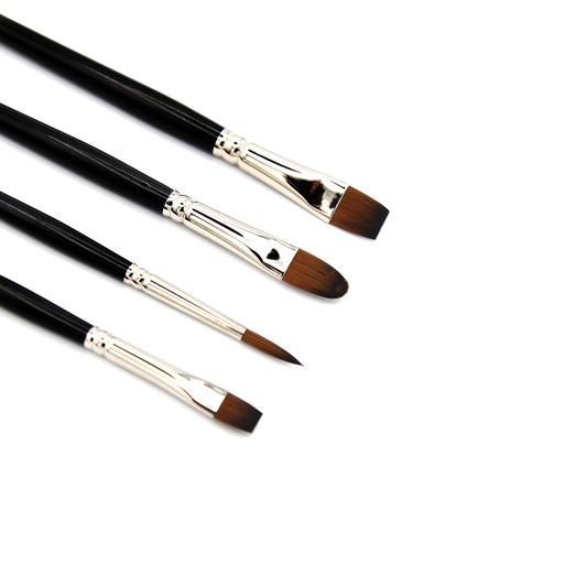 [AQ 711A4] Aquaflex - Brown Synthetic Brush, Long Handle Set Of 4 (Filbert #10, Bright #4,#6, Round #6)