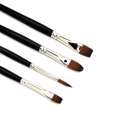 [AQ 711A4] Aquaflex - Brown Synthetic Brush, Long Handle Set Of 4 (Filbert #10, Bright #6, Round #4, Round #6)