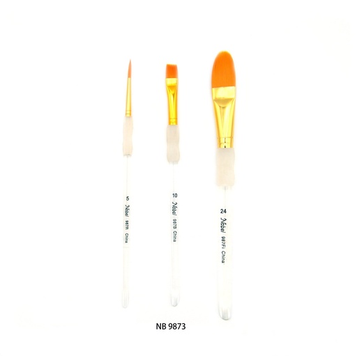 [NB 9873] Pinceau à manche synthétique doré avec manche transparent et poignée en caoutchouc souple - ensemble de 3 (1 rond, 1 brillant, 1 Filbert)