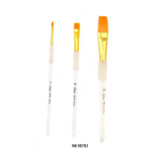 [NB 987B3] Golden Synthetic Hair Brush With Transparent Short Handle & Soft Rubber Grip - Set Of 3 Bright Brushes