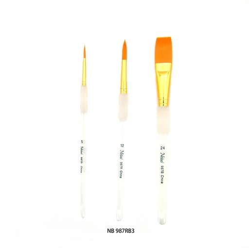 [NB 987RB3] Pinceau Sh synthétique doré avec manche transparent et poignée en caoutchouc souple, ensemble de 3 (2 ronds, 1 brillant)