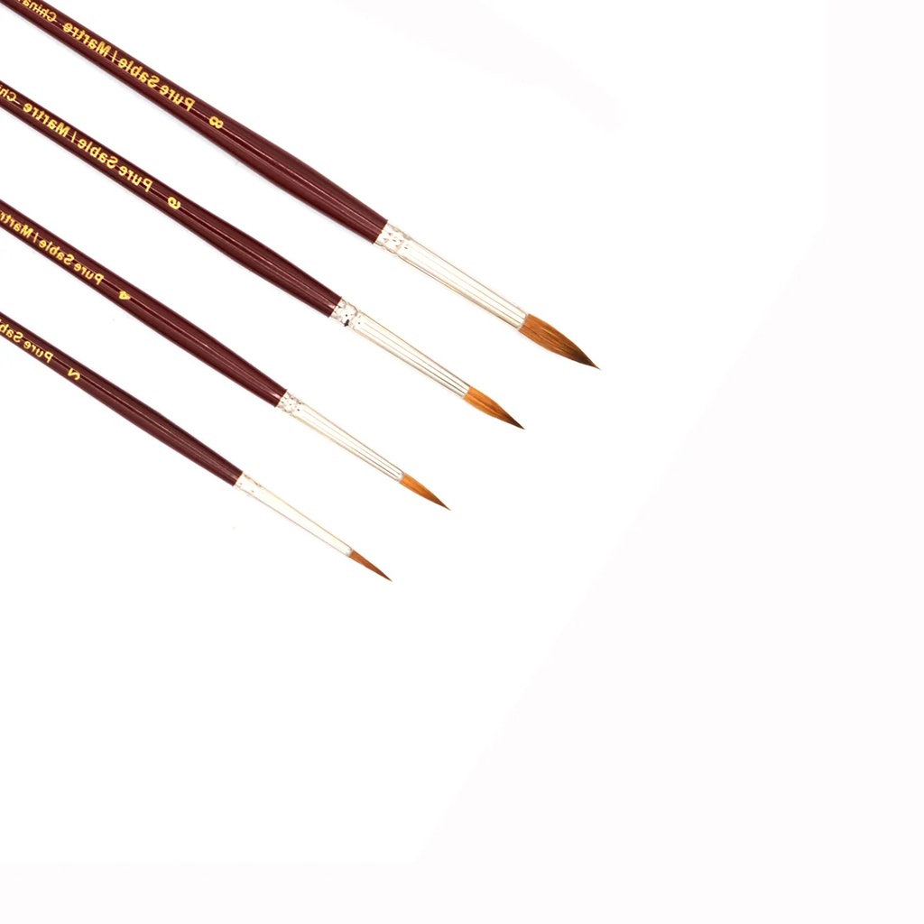 4 pinceaux de détail aquarelle en poil de zibeline rouge à manche court