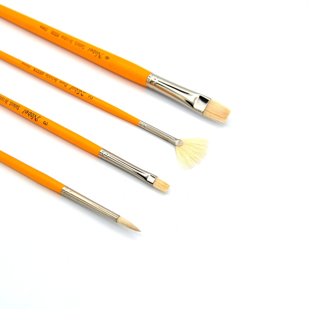 [NB 655A4] Nobel Pure White Hog Bristle Brush with Short Handle - Set Of 4 Mixed Brushes