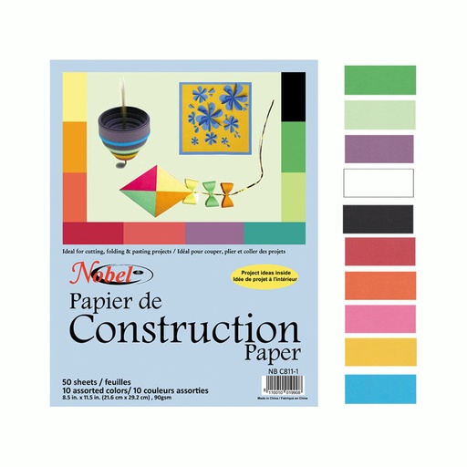 [NB C811-1] Bloc de papier de construction - 10 couleurs. 50 feuilles (8,5" x 11")