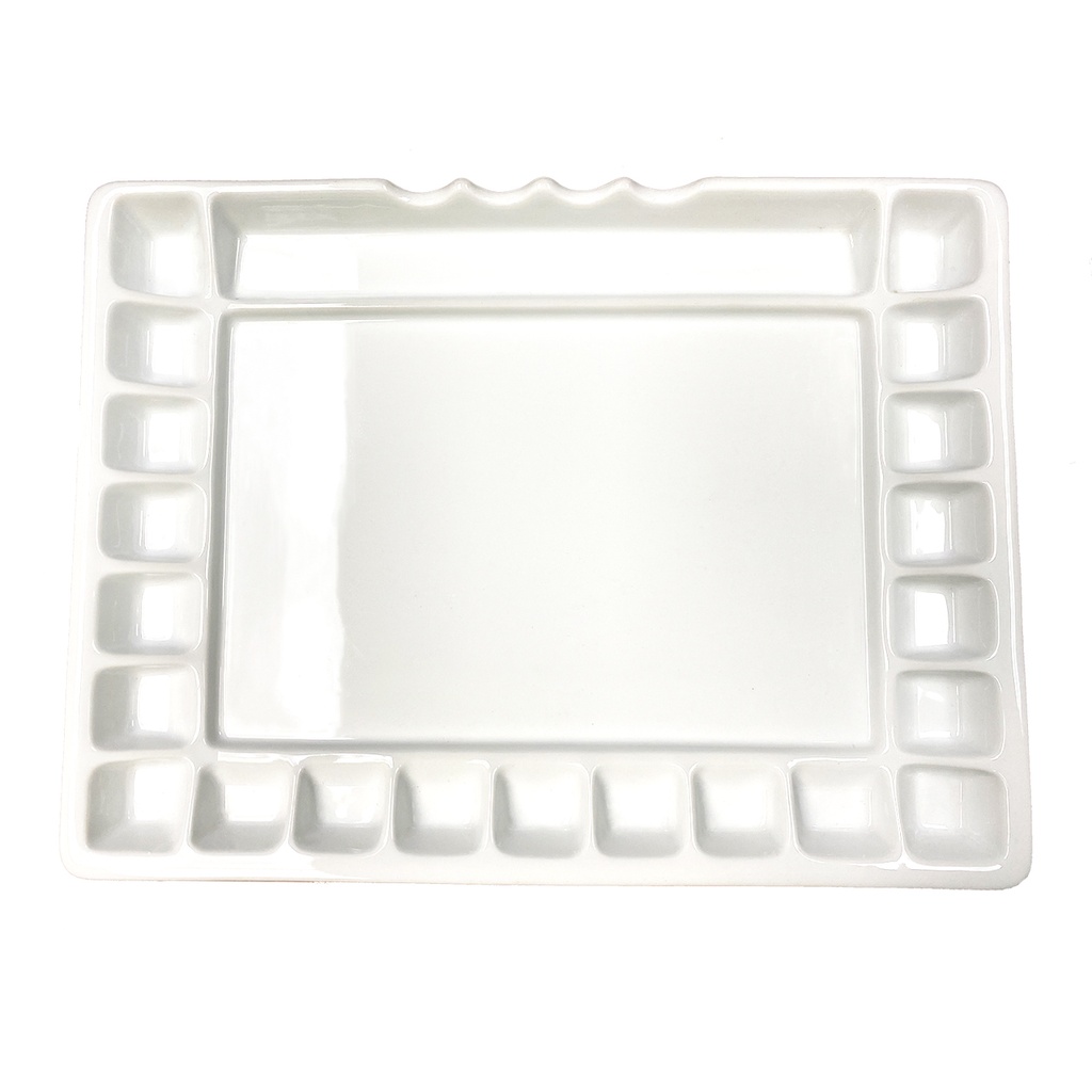 [NB 407-102] 21 Wells Ceramic Color Tray Palette 12" x 15 3/4"  - 1 Large Mixing Area and 4 Inclined Brush Holders