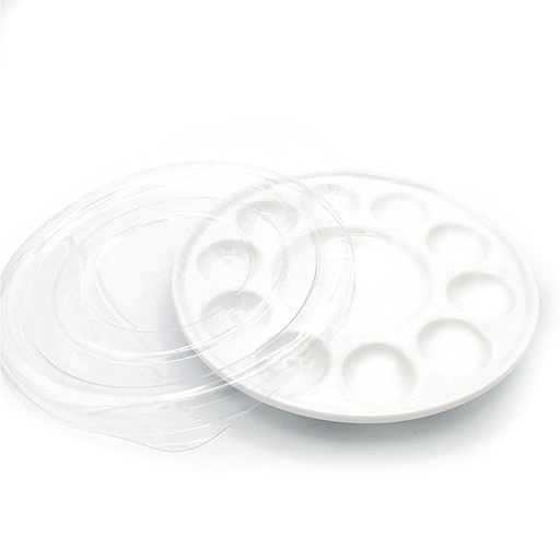 [FC 407-7] Round Ceramic Palette With Clear Cover, 10 Wells and 1 Mixing Area - 4" Diameter x 1" Height