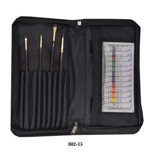 [FC 882-15] Pinceau à long manche et accessoires Étui à fermeture éclair avec 9 emplacements pour les pinceaux et un filet Velcro pour les accessoires