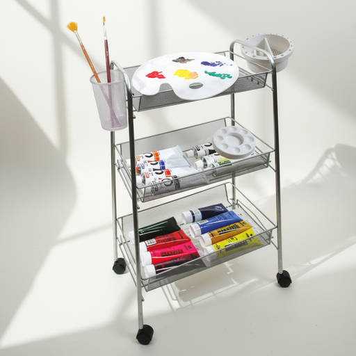 [FC R101] Artist Studio On Wheels with 3 Shelves, 26 Brush Holder Slots, 4" Diam. Brush Washer and Oil Or Medium Jar With Cover
