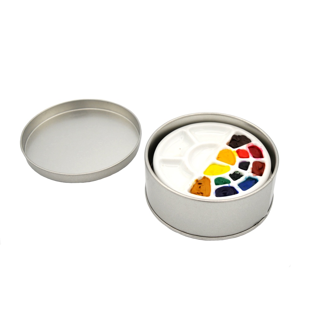 [TR404-A] Mini Handmade Ceramic Palette With 16 Wells - Set of 2 in a Metal Tin