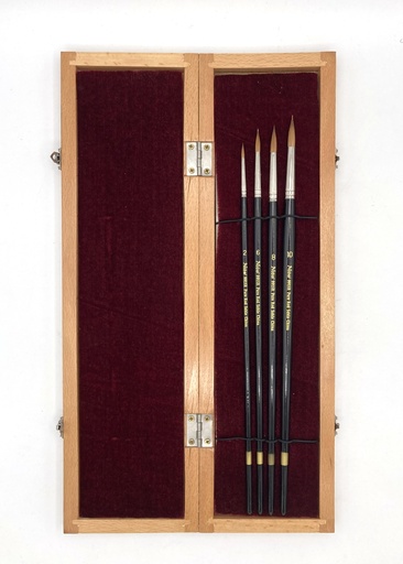 [NB 9915RL-S4] Pure Red Sable Hair Brushes with Long Handle - Set of 4 with a Wooden Case